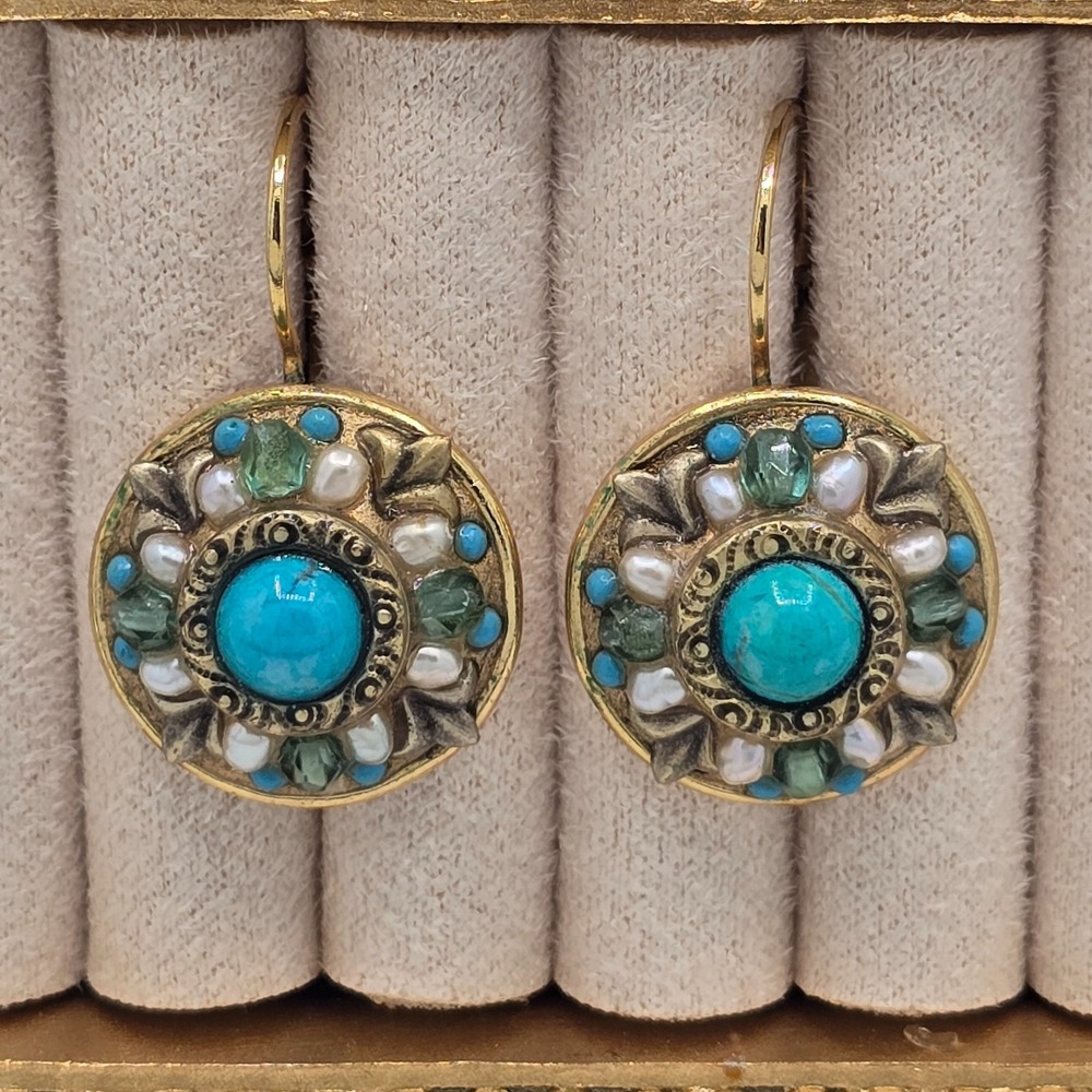Michal Negrin Earrings Turquoise Blue Pearls Etruscan Revival Gold tone Dangle